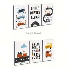 6pcs/Set Customized Canvas Posters Optional Frame, Transportation Prints, Vehicles Art Print, Printable Wall Art, Construction Nursery Art Posters, Boys Room Decor Posters, Alphabet Cars, Little Drivers Wall Arts