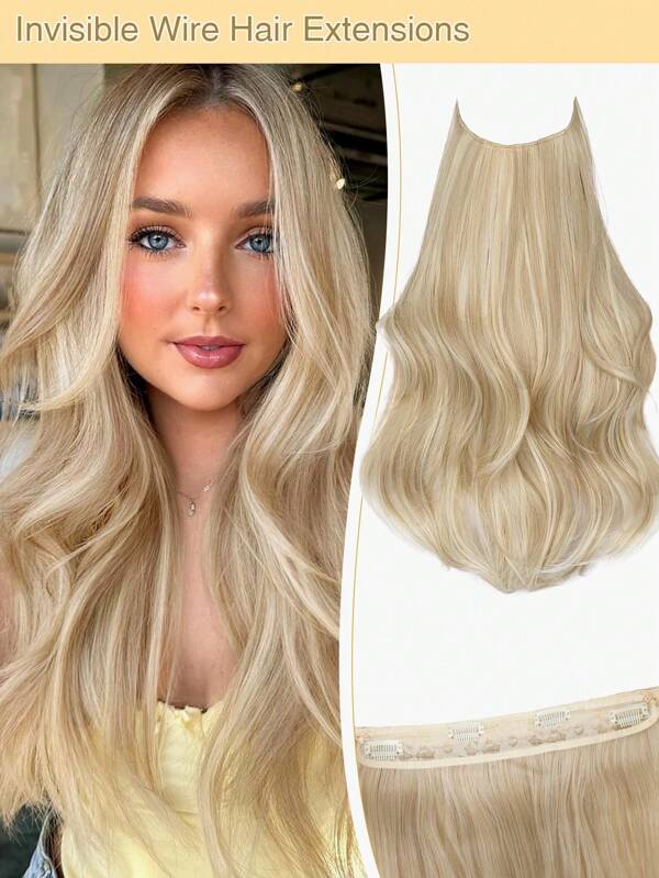 Extensiones de cabello sintético ondulado y con capas, con hilo invisible y ajustable, 4 clips seguros para uso diario de las mujeres (Rubio)