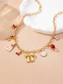1pc New Fruit Pendant Bow Dopamine Color Enamel Strawberry Choker Necklace, Versatile Collar Necklace - Multicolor - View 6