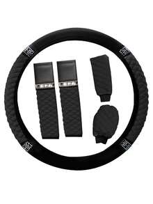 5 件套闪亮汽车方向盘套、手刹套、换档旋钮套、肩垫、15 英寸水钻软皮弹性方向盘保护套、适合女性女孩的闪亮水晶钻石、适合大多数汽车的汽车内饰配件、1 件皮革钻石镶嵌汽车方向盘套 - 款式A - 查看 8