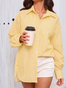 DEEKA 新款夏季女装时尚网红风格休闲黄色条纹宽松衬衫 - 黃色 - 查看 1