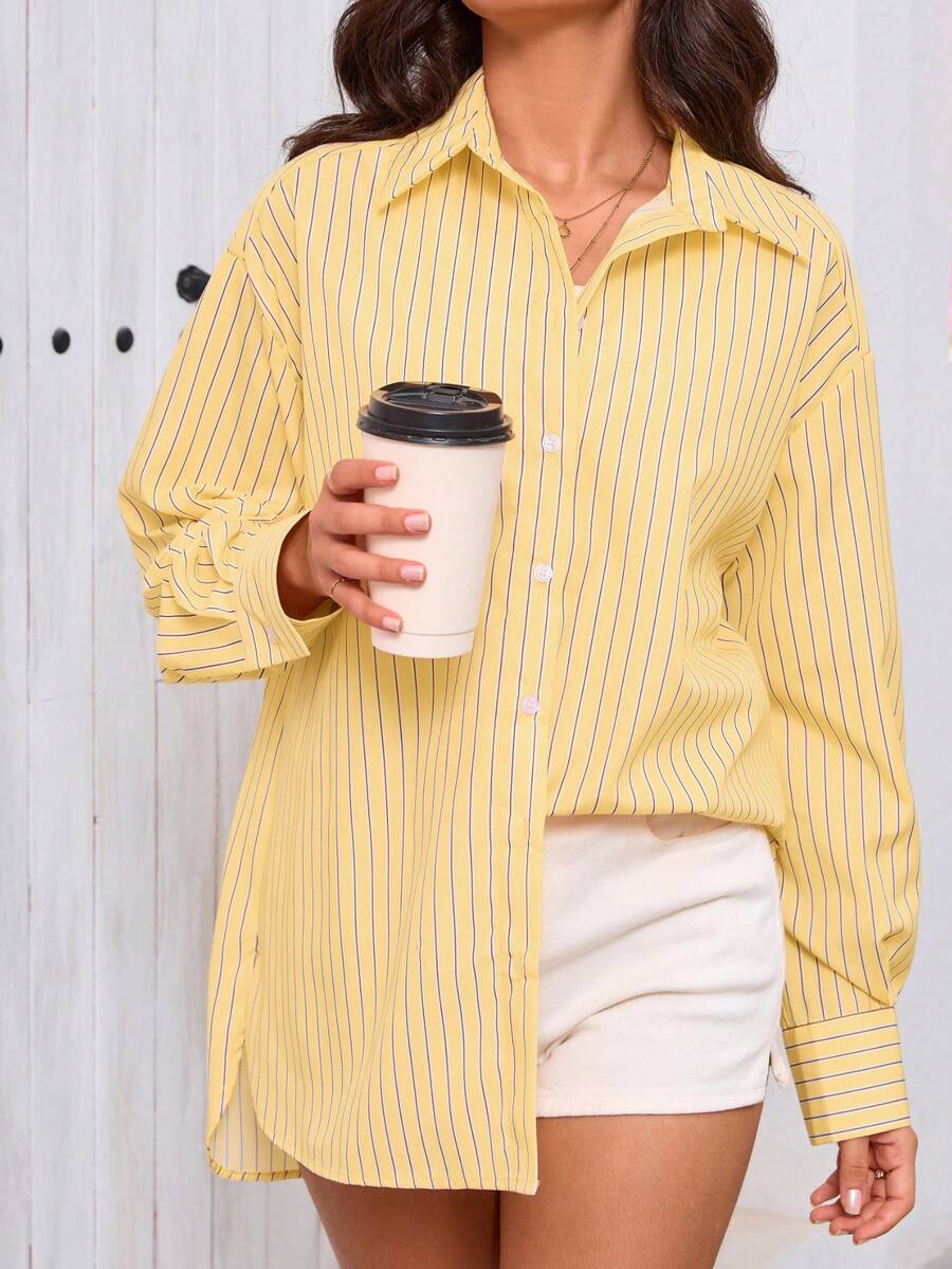 DEEKA 新款夏季女装时尚网红风格休闲黄色条纹宽松衬衫 - 黃色 - 查看 1