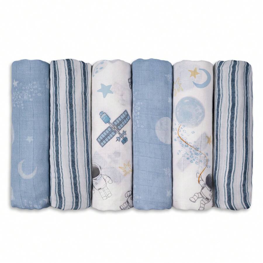 6-Pack Astronaut Soft Breathable Cotton Muslin Blankets, Swaddle & Receiving Cloths For Newborns, 27x27 Inches - Astronaut - View 1