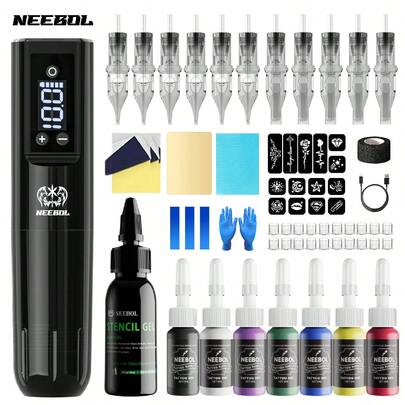 Kit de pistola de tatuaje inalámbrica Neebol, kit de pluma rotativa para tatuajes, batería recargable de 1450 mAh, pantalla digital, 20 agujas de cartucho, 10 tintas, jabón verde para el cuidado posterior, kit completo de pistola de tatuaje para principiantes y artistas del tatuaje, regalos para festivales navideños para principiantes y artistas del tatuaje, regalos para novios y novias
