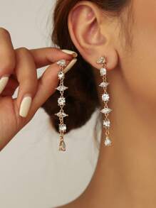 1 par de pendientes largos de mujer decorados con gota de agua geométrica, redonda y con rhinestones, para uso diario y festivo