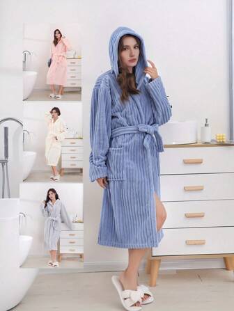 1 件女士珊瑚绒毛绒连帽浴袍，柔软舒适吸水家居服，适用于浴室、卧室、泳池、日常和旅行必备品 - 适合所有人返校的完美礼物