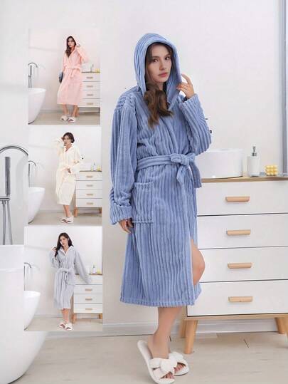 قطعة واحدة بشكل وبطانية من الفليس المرجاني المخمل بقلنسوة للنساء ، ملابس مريحة وماصة للرطوبة بالحمام او غرفة النوم او المسبح ، مفيدة يومياً وأثناء السفر ، هدية مثالية لعودة المدرسة