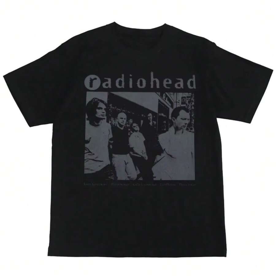 Refreshing Summer Radioheads Rock Band Print American Street Hip Hop Vintage Blacks Mens's Women's Plus Size Casual Short Sleeve Crew Neck Cotton Tee - 黑色 - 查看 1