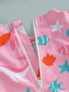 Toddler Baby Girl Rash Guard Swimsuit 6 9 12 18 Months 2T 3T Long Sleeve Stripes/Ocean Animal Print Zipper Bathing Suit Infant Swimwear With Sun Hat - Pink - View 4