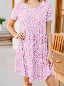 Women Leopard Print Round Neck Loose Casual Short Sleeve T-Shirt Dress - Hồng - Xem 5