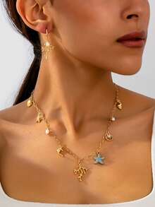 3件套金属海洋系列珊瑚吊坠项链耳环配套套装，个性夸张简约锁骨项链，时尚高端首饰套装