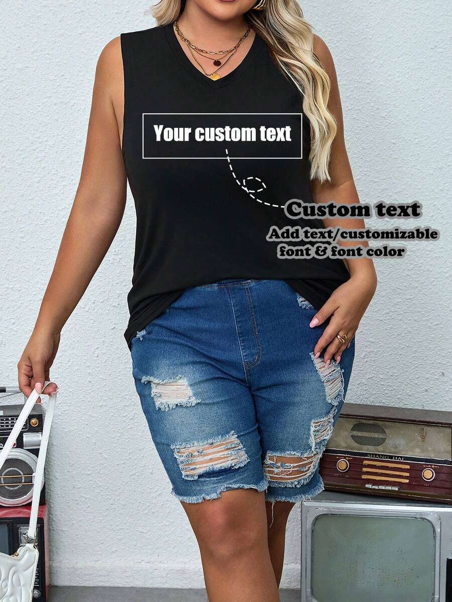 Custom Women's Plus Size Tank Tops - Add Your Own Text (Color And Font Optional), Design Your Own Personalized Printed Tank Top, Anniversary Gift, Valentine's Day, Ramadan, Custom Gift - Black - View 1