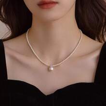 1 pieza Collar de mujer minimalista de perla artificial, diseño único con piedras de circonia, elegante collar de alta gama