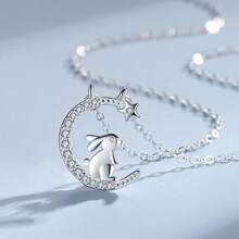 1 Pc Moon & Cute Rabbit Design Necklace, Adorable Nature Style, Starry Rhinestone Decor Animal Pendant Collarbone Chain, Korean Fashion