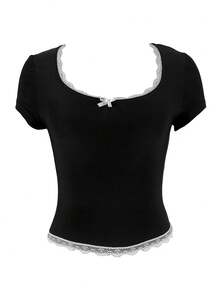 女士Y2K风格蝴蝶结修身短袖休闲T恤 黑色 - 黑色 - 查看 4