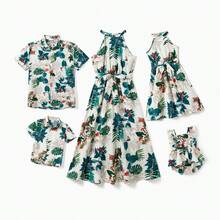 Family Matching Allover Plant Floral Print Halterneck Dresses And Short-Sleeve Shirts Sets