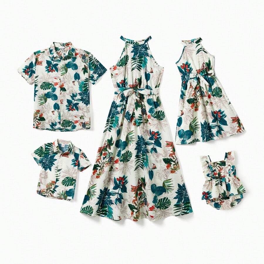 Family Matching Allover Plant Floral Print Halterneck Dresses And Short-Sleeve Shirts Sets