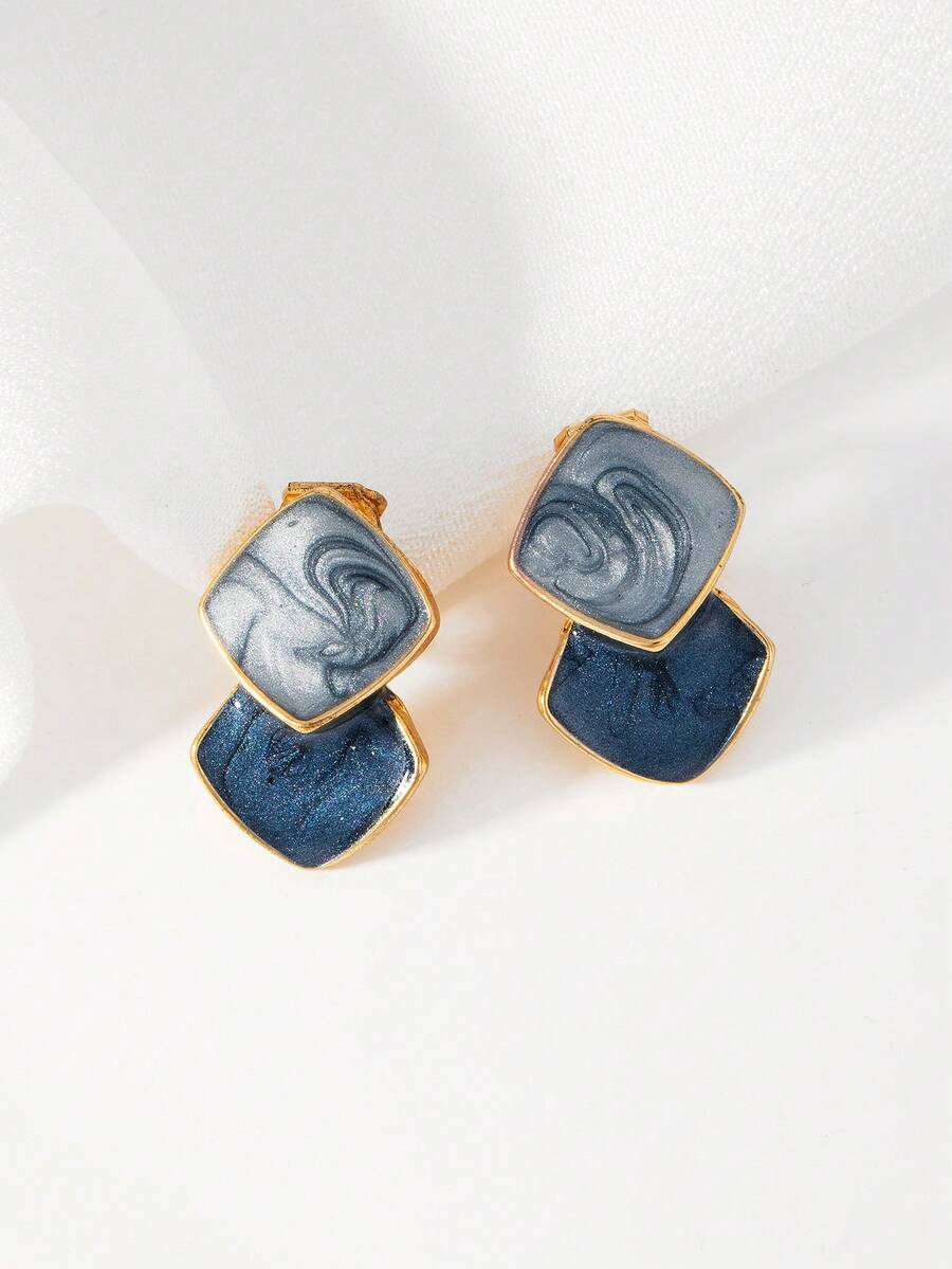 一对几何图案女士撞色耳夹（无耳孔） - 藍色 - 查看 1
