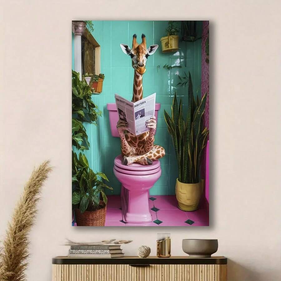 Framed 1pc Charming Giraffe On Toilet Canvas Art,Funny Bathroom Decor,Cute Pink Giraffe Poster,Home Decor And Accessories,Aesthetic Canvas Home Decorative Art Printing,Wall Art Print Poster Decor Pictures For Livingroom,Bedroom,Bathroom,Office,Kitchen,Diningroom,Dormitory,Bar&Cafe,Corridor Room Wall Decoration - Framed - View 1