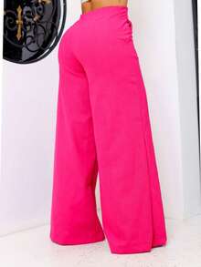 Women's Linen Wide Leg Pants Pocket Zipper Simple Evening Daily Birthday Party High Waist - 玫紅色 - 查看 2