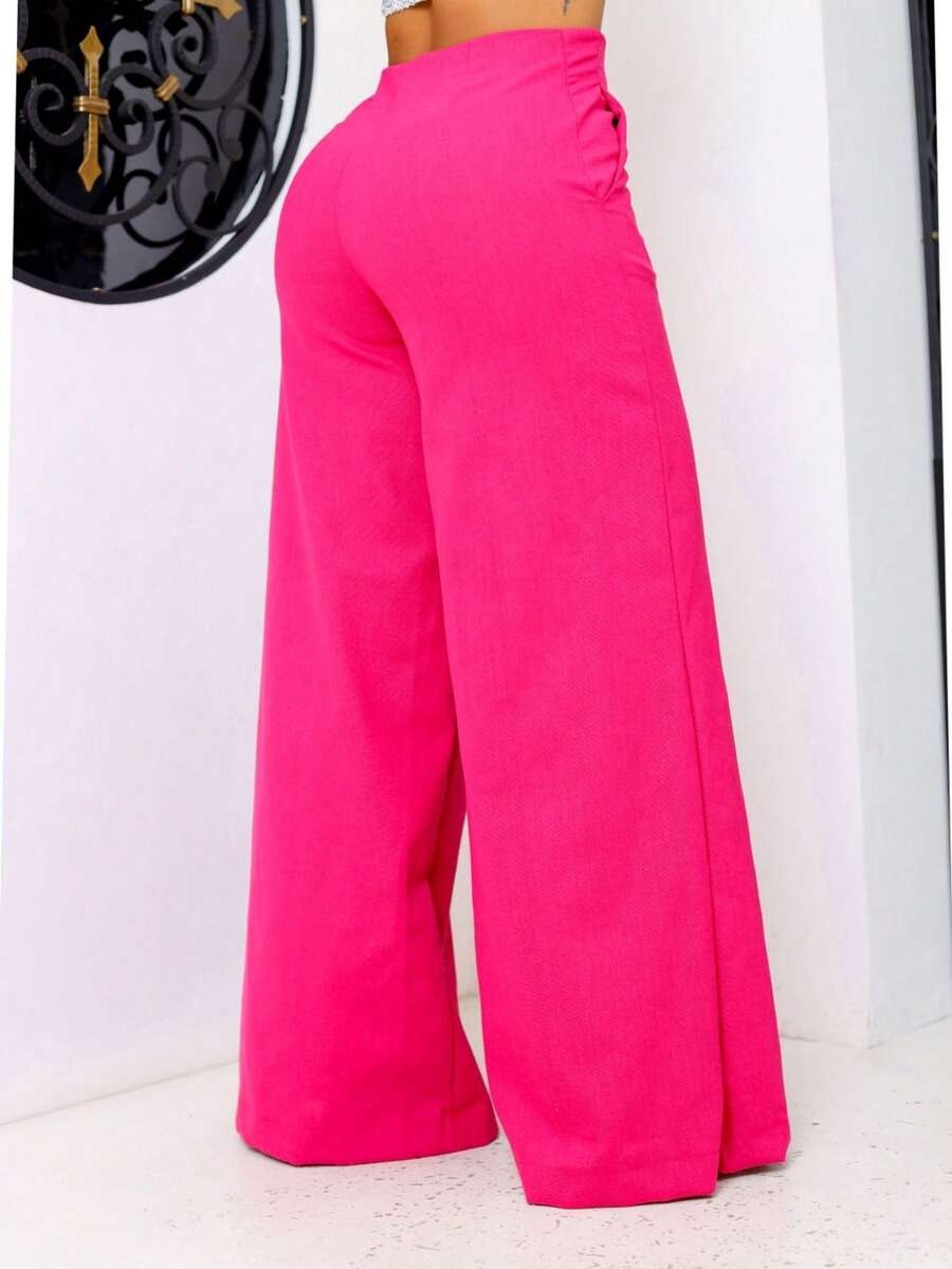 Women's Linen Wide Leg Pants Pocket Zipper Simple Evening Daily Birthday Party High Waist - 玫紅色 - 查看 1