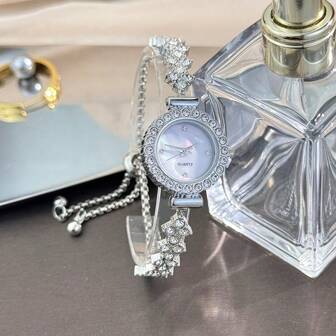 1pc Women's New Casual Fashion Bracelet Watch, Cute Round Alloy Small Dial Luxury Rhinestone Chain Bracelet Watch, Quartz Watch Gift