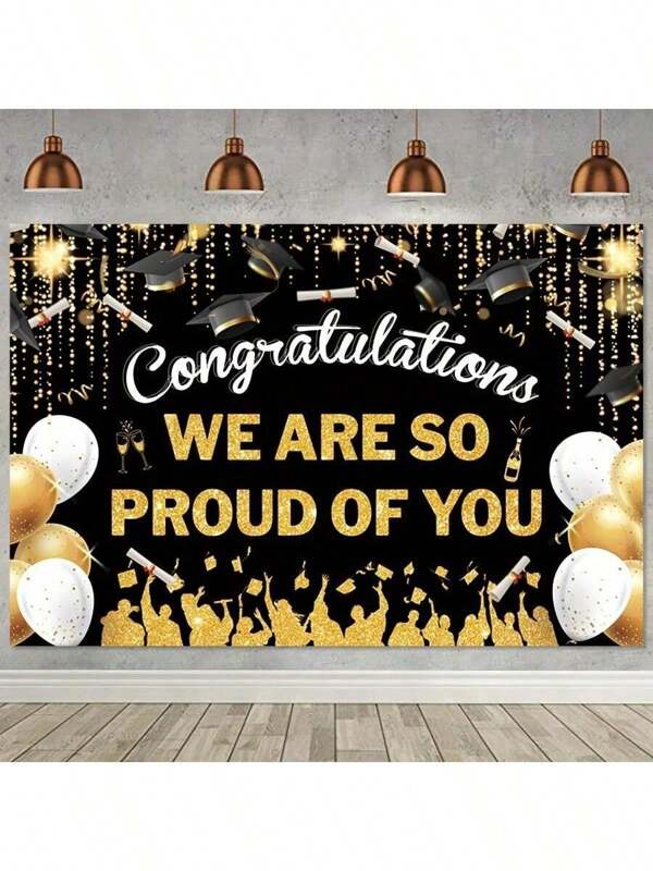 1 pieza de fondo de fotografía de graduación, sombrero de licenciatura negro y globo dorado, fondo de pancarta de celebración de fiesta de graduación