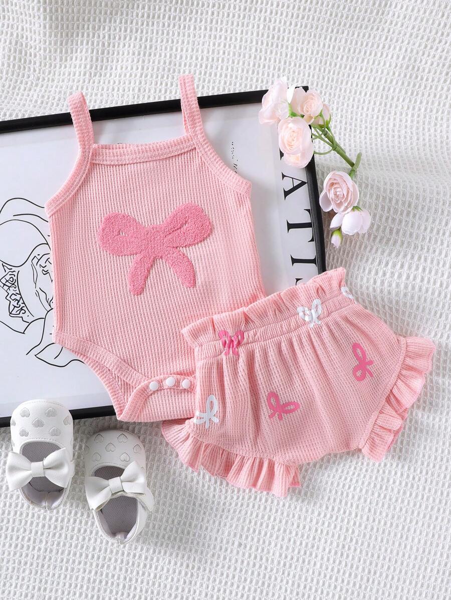 2pcs/Set Cute Embroidered Strap Romper + Shorts Outfit For Toddler Girls, Lightweight For Summer