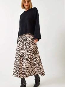 Gonna a ruota midi lunga con stampa leopardata per donna