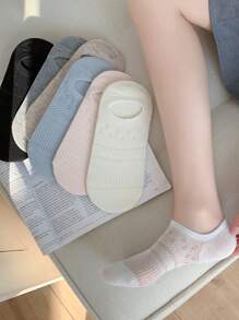 5 Pairs Women Solid Color Boat Socks, Invisible Silicone Non-Slip Breathable Hollow Out Thin Casual Socks