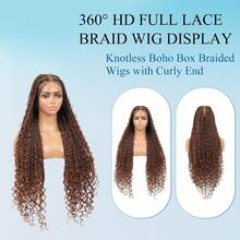 36英寸360°高清全蕾丝编织假发，女士波西米亚风编织假发，带婴儿发，盒式辫假发，手工钩编合成全蕾丝编织假发，发尾卷曲，日常佩戴 - 彩色 - 查看 10