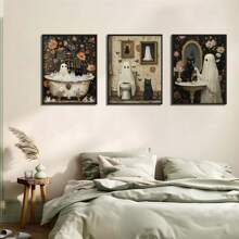 3Pcs Halloween Room Decor Home Decor Bathroom Decor Wall Arts Posters - Ghost Wall Art With Black Cat Funny Gothic Retro Horror Wall Decor Unframed 12x16 Inches ,Halloween Decor Fall Decor