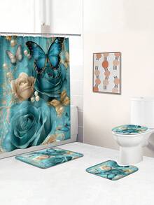1pc/4pcs Floral Butterfly Multifunctional Bath Decor Set, Including Waterproof Shower Curtain With 12 Hooks, Anti-Slip Bath Mat, U-Shaped Toilet Mat, And Round Toilet Lid Cover, Ideal For Bathroom Scenes Bathroom Accessories Back To School