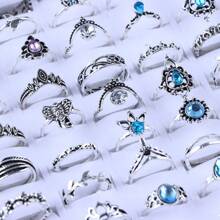 50pcs/Pack Bohemian Vintage Hollow Geometric Crystal Adjustable Rings For Women, Random Styles For Daily, Date, Party, Jewelry Accessory Gift