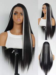 24" Black With White Highlights 13x4 Lace Front Wig Heat-Resistant Ombre Straight Synthetic Wig Pre-Plucked Hairline Free Part Perfect For Daily Wear & Parties - Điểm nhấn màu trắng - Xem 7