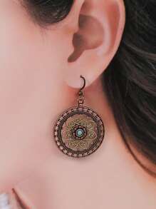 TopHanqi 1 Pair Vintage Bohemian Metal Earrings, Hollow Floral Design With Imitation Turquoise, Suitable For Women Daily Wear, Party Accessory, Commute, Street Style, Versatile, All Seasons
