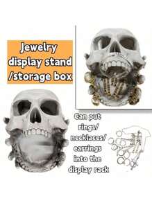 Gothic Skull Jewelry Display Stand - Resin Multi-Use Organizer With Storage Box For Rings, Earrings, Necklaces - Edgy Home Decor For Dark Aesthetic Lovers, Jewelry Towers For Women Storage Organizer Travel Essentials Back To School Dormitory Storage