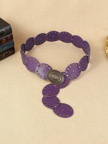 1 条女式紫色圆扣 PU 腰带，波西米亚风格花卉扣，日常和派对必备时尚百搭腰带，夏季、学校秋季、秋季、万圣节 - 紫色 - 查看 2