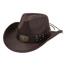 Women Men Cowgirl Hat, Vintage Bull Head Roll-Up Wide Brim Western Hat For Daily Party