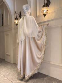 Conjunto de 2 piezas: Elegante cárdigan abierto con flecos tipo jalabeya y vestido recto de cuello redondo, traje de lujo para fiesta/graduación/boda