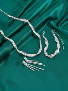 Conjunto elegante de joyería nupcial para boda y fiesta de 3 piezas, incluyendo collar ondulado brillante, aretes y pulsera