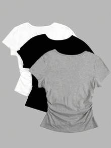 3pcs Women Casual Bowknot Print Detail Minimalist Solid Color Ruched Crew Neck Short Sleeve T-Shirt Top Set Summer - Multicolor - View 2