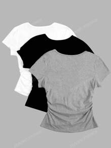 3pcs Women Casual Bowknot Print Detail Minimalist Solid Color Ruched Crew Neck Short Sleeve T-Shirt Top Set