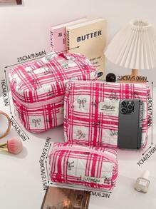 1 Peça Bolsa de Maquiagem Fofa de Grande Capacidade, Nécessaire Acolchoado para Cosméticos, Bolsa de Maquiagem de Viagem com Laço Xadrez, Dobrável, com Alça, Organizador de Maquiagem Estético, Bolsa de Armazenamento para Viagem, Nécessaire Portátil, Bolsa para Lápis, Essenciais de Viagem, Férias de Verão, Volta às Aulas, Bolsa Escolar, Bolsa de Viagem para Mulheres, Bolsa de Maquiagem para Viagem