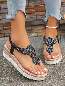 1 Pair Solid Color Beach Fashion Sexy Rhinestone Black Wedge Thick Bottom Sandals, Women Summer Beach Holiday Party Outdoor Black Platform High Heel Toe Ring Sandals
