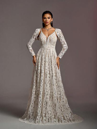 Elegant Lace Wedding Dress Two Pieces Set | Featuring A Deep V-Neck With Intricate Floral Patterns, A-Line Silhouette, Suitable For Dreamy Garden Weddings, Bridal Galas, And Flowing Evening Events