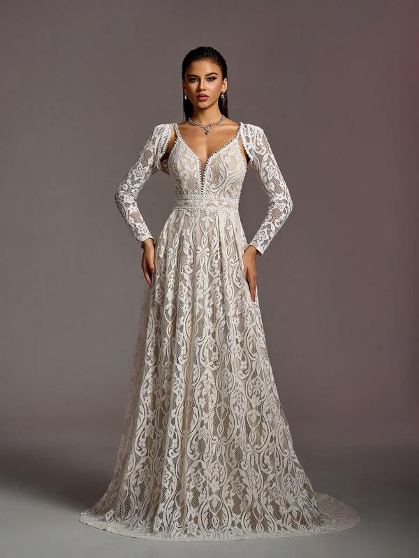 Elegant Lace Wedding Dress Two Pieces Set | Featuring A Deep V-Neck With Intricate Floral Patterns, A-Line Silhouette, Suitable For Dreamy Garden Weddings, Bridal Galas, And Flowing Evening Events