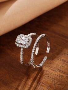 2 Stücke modische, vielseitige Ringe für Frauen mit eingelassenen Silber-Kubikzirkonia, Partnerringe, verstellbare offene Ringe, Hochzeits-/Verlobungsringe, Alltagsschmuck Geschenk, Saudi-Nationalfeiertag Geschenkartikel, Saudi-Werbekatalog, Freundin Geschenk