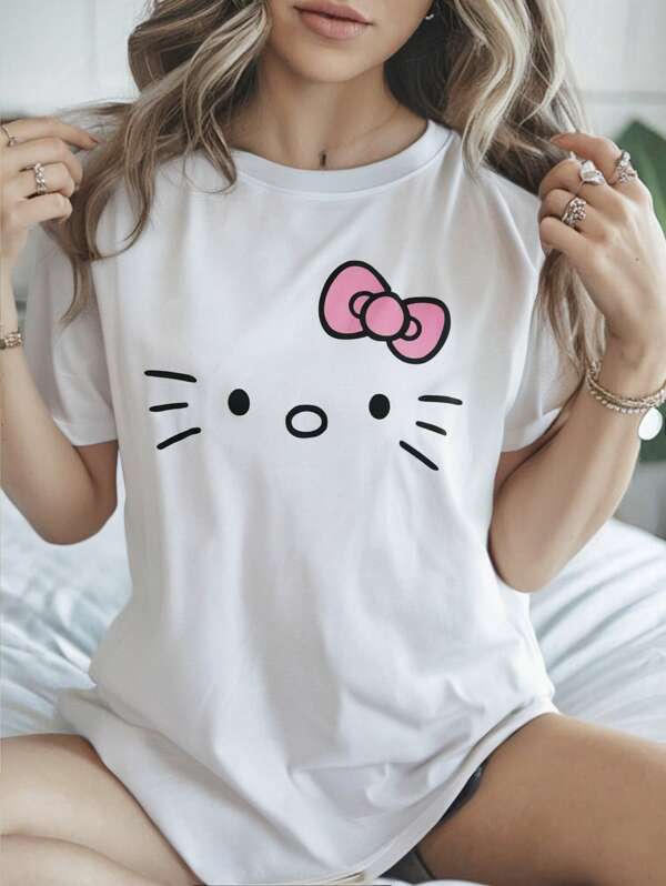 Sanrio Hello Kitty Graphic Lounge T-Shirt, Summer New Loose Women Short Sleeve Top, Cartoon Pattern, Cute Casual Tee For Home, Vacation, Matching Best Friends/Couples ,Vacation