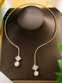 1 chiếc vòng cổ bạc trang trí ngọc trai giả và đá pha lê thanh lịch, trang sức choker cô dâu cho đám cưới. - Vàng và Trắng - Xem 7